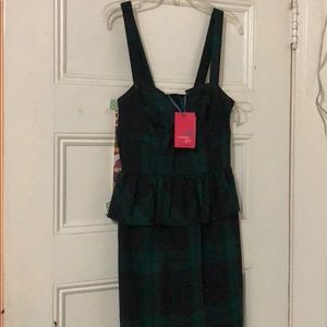 Green/Black Plaid Peplum Dress